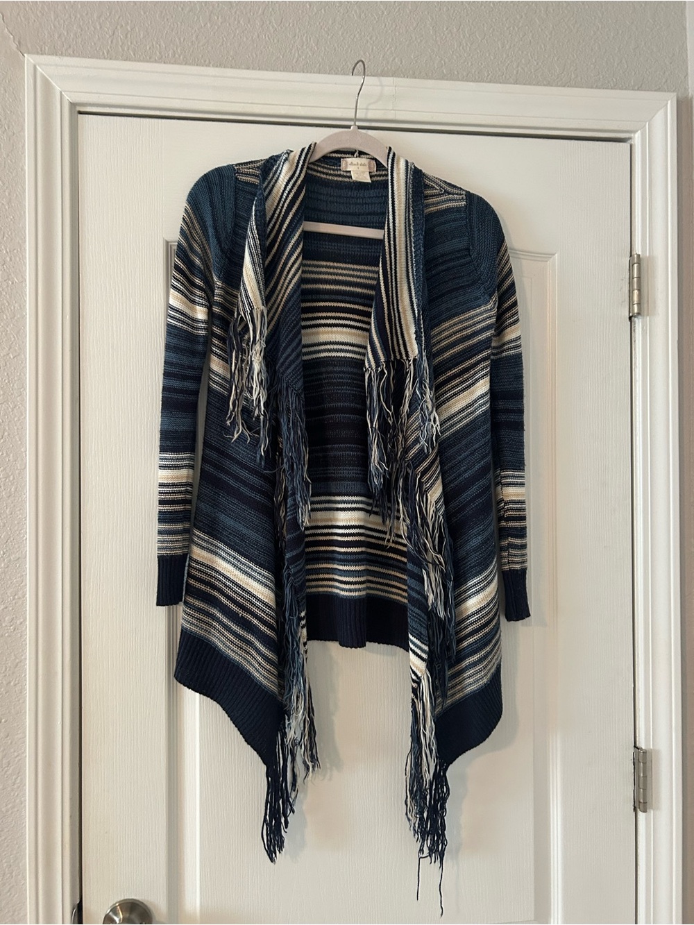 Altar’d State Stripped Navy Fringe Open-Front Sweater Cardigan
